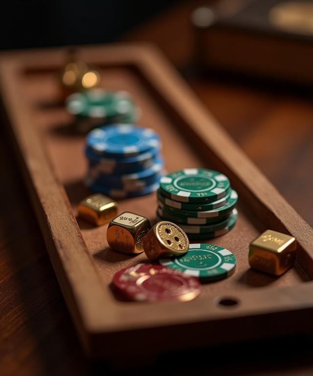 Set di fiches da gioco personalizzate e dadi artigianali su un vassoio di legno.