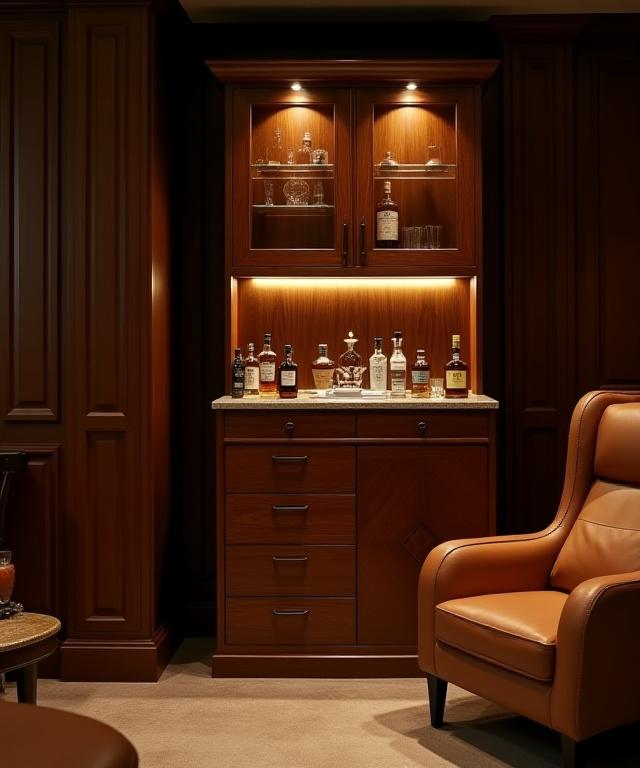 Mobile bar su misura in una sala da gioco con poltrone in pelle.