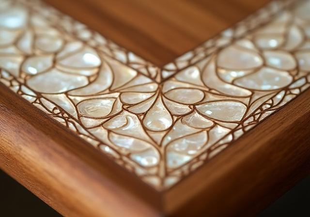 Dettaglio di un intarsio in madreperla su un tavolo da gioco.