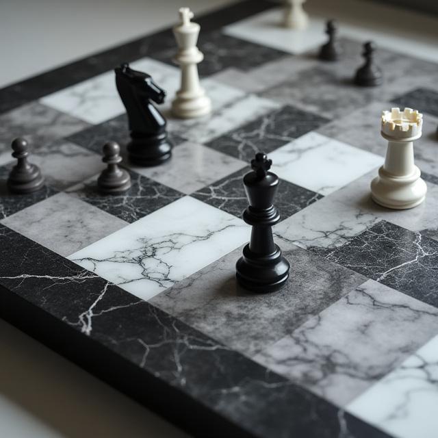 Tavolo da scacchi moderno in ebano e marmo.